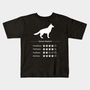 German Shepherd Stats - Friendliness, Floofyness, Foodiness, Borkiness Kids T-Shirt